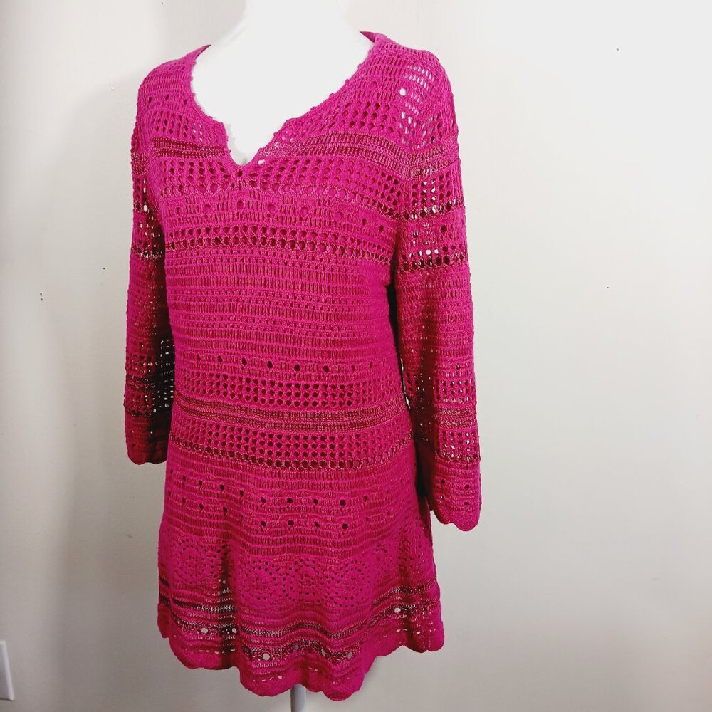Hot In Hollywood Fuchsia Pink Crochet Tunic W/ Attached Tank, 3/4 Sleeve, Medium - Picture 3 of 16